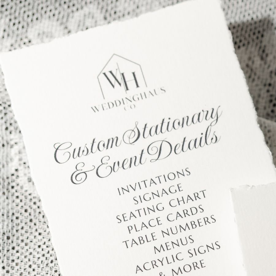 Custom stationery and event details card listing invitations, signage and more